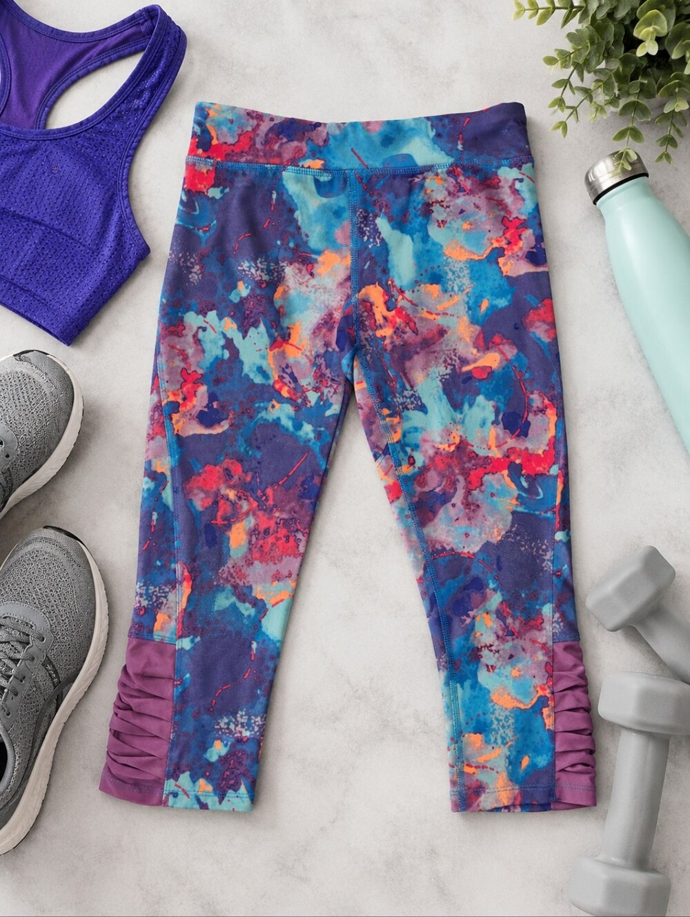 C9 by Champion Girls Purple Blue Multicolor Splash Ruched Hem Leggings